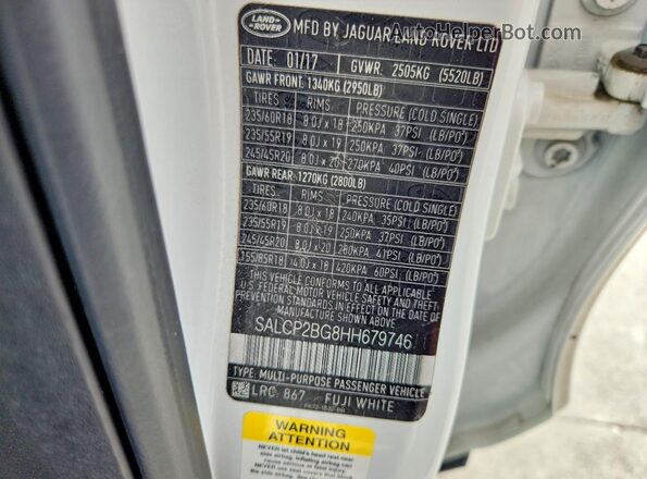 SALCP2BG8HH679746 2017 LAND ROVER DISCOVERY White VIN კოდის სტიკერის ხედი