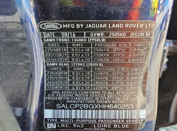 SALCP2BGXHH640253 2017 LAND ROVER DISCOVERY Синий Панорамный вид салона 360°