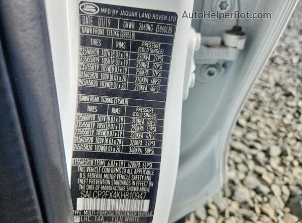 SALCP2FX4KH810947 2019 LAND ROVER DISCOVERY White Вид наклейки з VIN-кодом