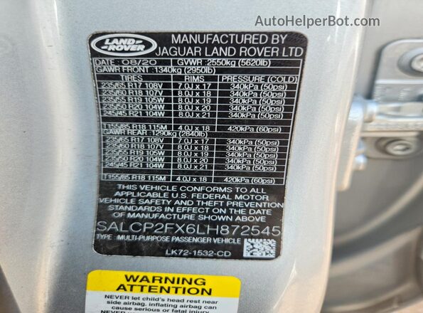 SALCP2FX6LH872545 2020 LAND ROVER DISCOVERY Silver Вид підкапотного простору