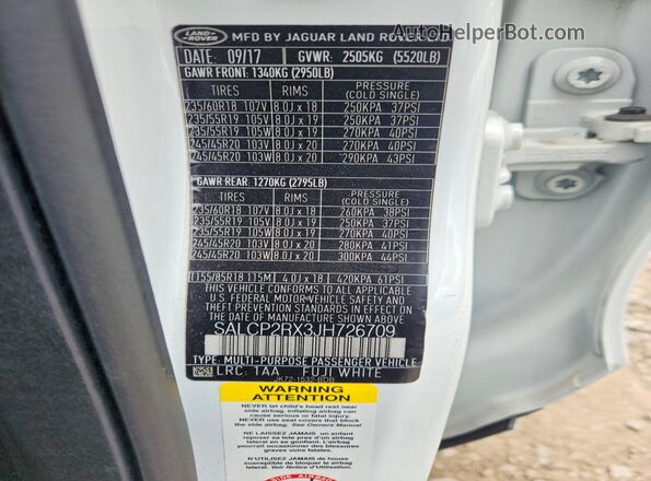 SALCP2RX3JH726709 2018 LAND ROVER DISCOVERY White Widok naklejki z numerem VIN