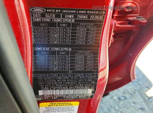 SALCP2RX6JH769540 2018 LAND ROVER DISCOVERY Red Vista de la etiqueta del VIN