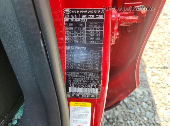 SALCP2RXXJH769377 2018 LAND ROVER DISCOVERY Red Вид наклейки з VIN-кодом