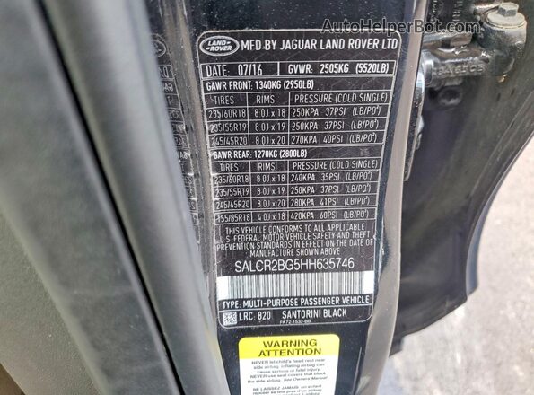 SALCR2BG5HH635746 2017 LAND ROVER DISCOVERY Black VIN կոդի պիտակի տեսք