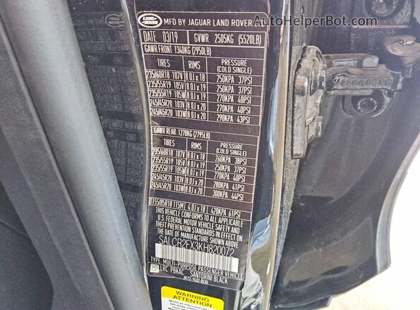 SALCR2FX3KH820072 2019 LAND ROVER DISCOVERY Black Vista de la etiqueta del VIN