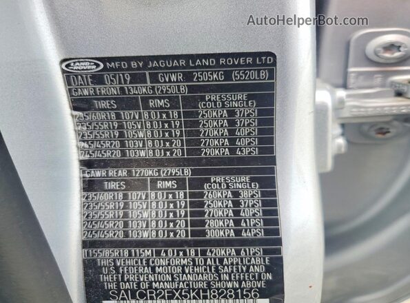 SALCR2FX5KH828156 2019 LAND ROVER DISCOVERY Silver Vista del compartimento del motor