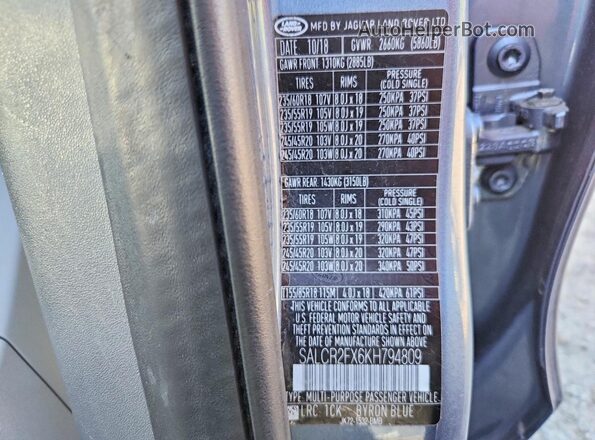 SALCR2FX6KH794809 2019 LAND ROVER DISCOVERY Gray Vista de la etiqueta del VIN