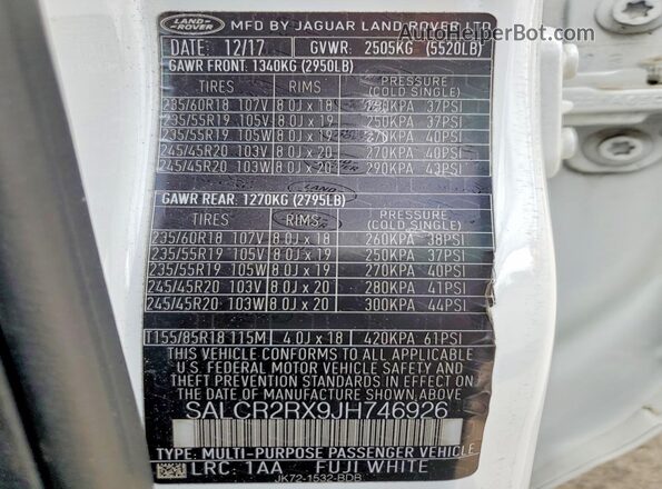 SALCR2RX9JH746926 2018 LAND ROVER DISCOVERY White Панорамний вид салону 360°