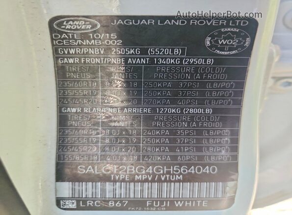 SALCT2BG4GH564040 2016 LAND ROVER DISCOVERY White Вид наклейки з VIN-кодом