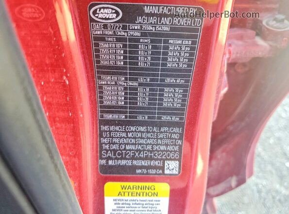 SALCT2FX4PH322066 2023 LAND ROVER DISCOVERY Maroon Вид наклейки з VIN-кодом