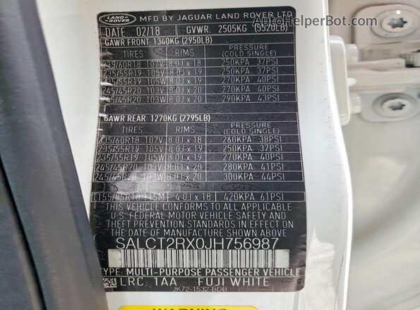 SALCT2RX0JH756987 2018 LAND ROVER DISCOVERY White VIN კოდის სტიკერის ხედი