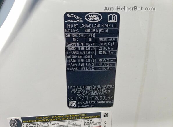 SALE27EU1T2600287 2026 LAND ROVER DEFENDER White Widok naklejki z numerem VIN