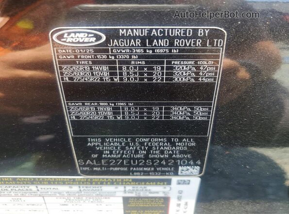 SALE27EU2S2421044 2025 LAND ROVER DEFENDER Gray Widok naklejki z numerem VIN