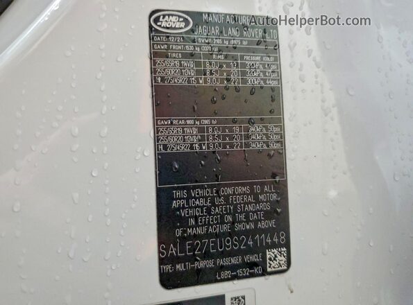 SALE27EU9S2411448 2025 LAND ROVER DEFENDER White Вид наклейки з VIN-кодом