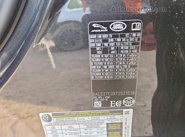 SALE27EUXT2521538 2026 LAND ROVER DEFENDER Charcoal Vista de la etiqueta del VIN