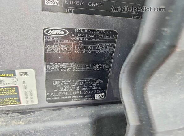 SALE9EEU5L2023571 2020 LAND ROVER DEFENDER Silver Widok naklejki z numerem VIN