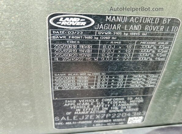 SALEJ7EX7P2204383 2023 LAND ROVER DEFENDER Green Вид наклейки з VIN-кодом