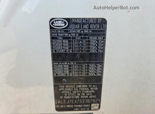 SALEJ7EX7S2367821 2025 LAND ROVER DEFENDER White VIN sticker view