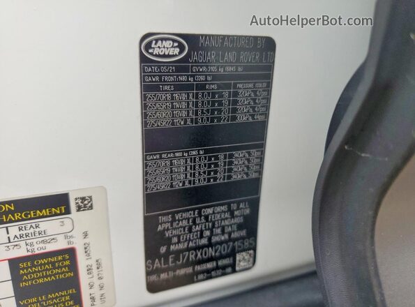 SALEJ7RX0N2071585 2022 LAND ROVER DEFENDER White VIN კოდის სტიკერის ხედი