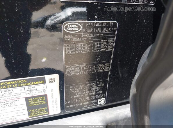 SALEP7EU6L2015884 2020 LAND ROVER DEFENDER Black Vista del compartimento del motor