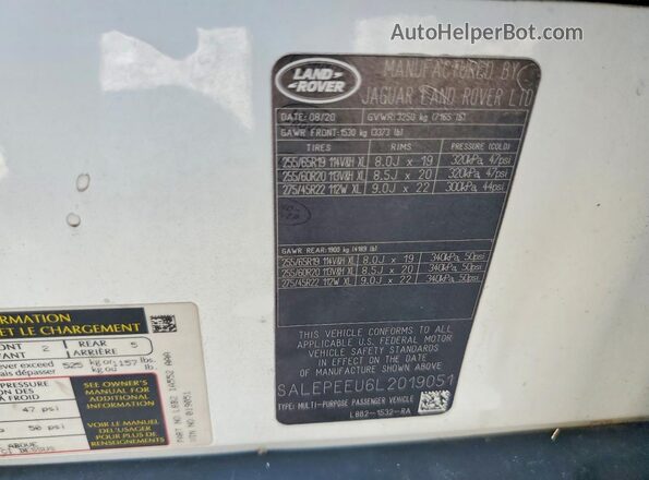 SALEPEEU6L2019051 2020 LAND ROVER DEFENDER White VIN sticker view