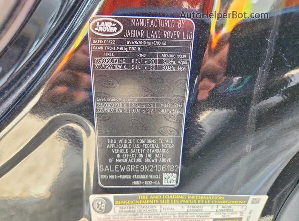 SALEW6RE9N2106182 2022 LAND ROVER DEFENDER Black VIN sticker view