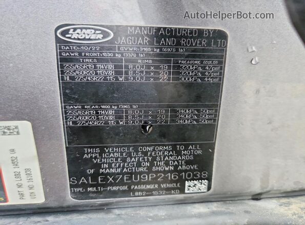 SALEX7EU9P2161038 2023 LAND ROVER DEFENDER Gray VIN sticker view