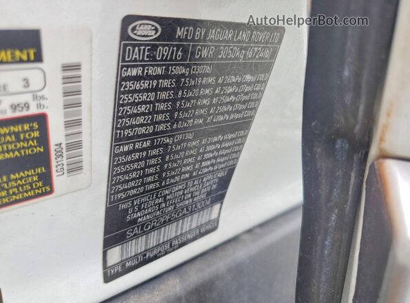 SALGR2PF5GA313004 2016 LAND ROVER RANGE White VIN კოდის სტიკერის ხედი