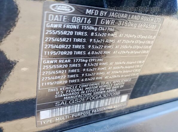 SALGS2EF0GA307098 2016 LAND ROVER RANGE Black Widok komory silnika