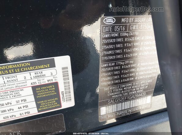 SALGS2EF1GA294409 2016 LAND ROVER RANGE ROVER Black Vista del compartimento del motor