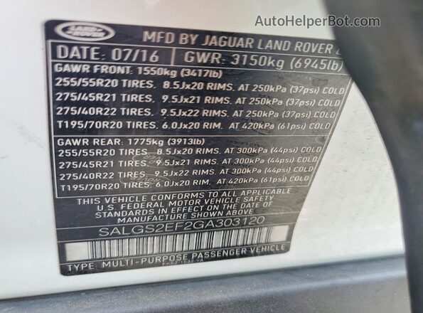 SALGS2EF2GA303120 2016 LAND ROVER RANGE Белый Вид наклейки с VIN-кодом