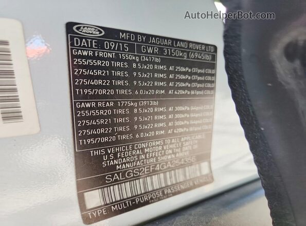 SALGS2EF4GA254356 2016 LAND ROVER RANGE Белый Вид наклейки с VIN-кодом
