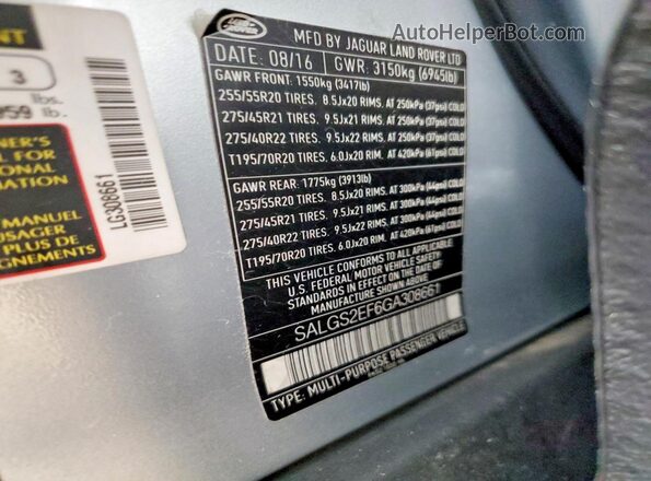 SALGS2EF6GA308661 2016 LAND ROVER RANGE Серебряный Вид наклейки с VIN-кодом