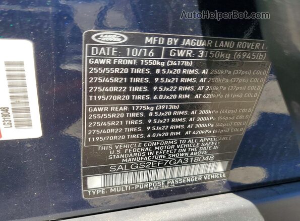 SALGS2EF7GA318048 2016 LAND ROVER RANGE Blue Вид наклейки з VIN-кодом