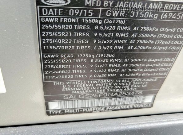 SALGS2EF9GA253476 2016 LAND ROVER RANGE Silver Widok naklejki z numerem VIN