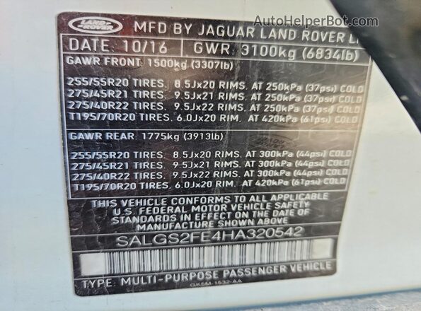 SALGS2FE4HA320542 2017 LAND ROVER RANGE White VIN կոդի պիտակի տեսք