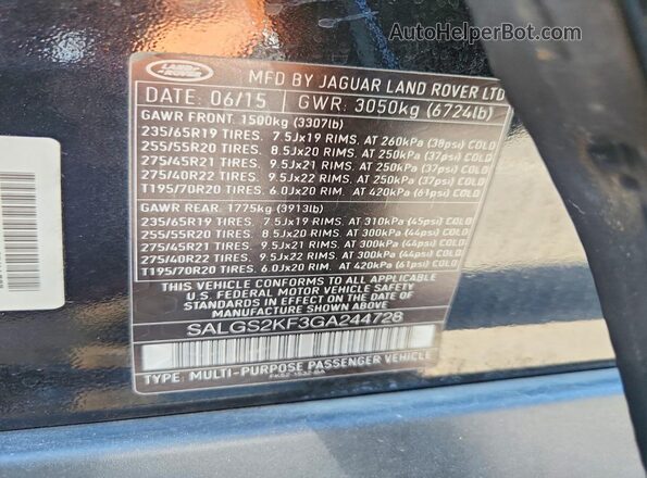 SALGS2KF3GA244728 2016 LAND ROVER RANGE Черный Вид подкапотного пространства