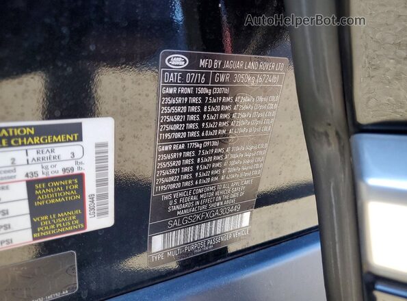 SALGS2KFXGA303449 2016 LAND ROVER RANGE Black VIN sticker view