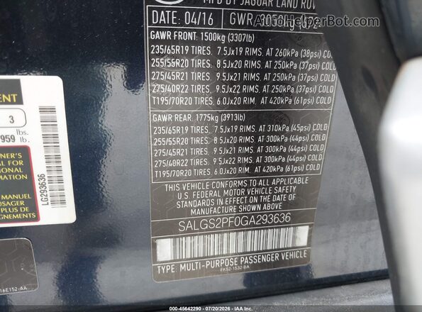 SALGS2PF0GA293636 2016 LAND ROVER RANGE ROVER Blue Շարժիչի բաժամունքի տեսք