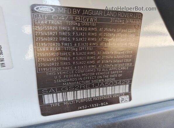 SALGS2RE1JA503429 2018 LAND ROVER RANGE White VIN կոդի պիտակի տեսք