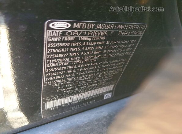 SALGS2RE6KA520938 2019 LAND ROVER RANGE Black Widok naklejki z numerem VIN