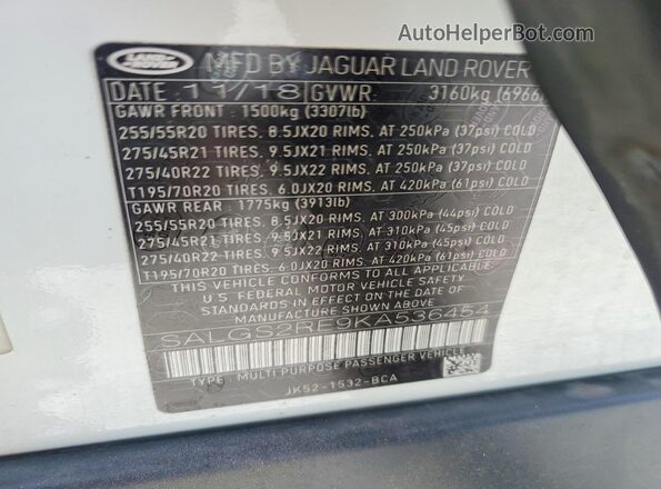 SALGS2RE9KA536454 2019 LAND ROVER RANGE White VIN sticker view