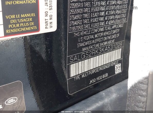SALGS2RK3KA531028 2019 LAND ROVER RANGE ROVER Черный Вид подкапотного пространства