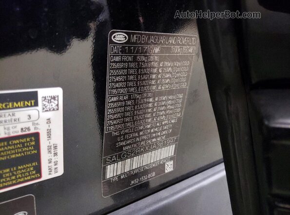 SALGS2RKXJA381997 2018 LAND ROVER RANGE Black VIN կոդի պիտակի տեսք