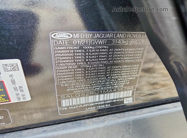 SALGS2RU1MA435788 2021 LAND ROVER RANGE Black VIN կոդի պիտակի տեսք