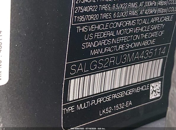 SALGS2RU3MA435114 2021 LAND ROVER RANGE ROVER Gray Widok komory silnika