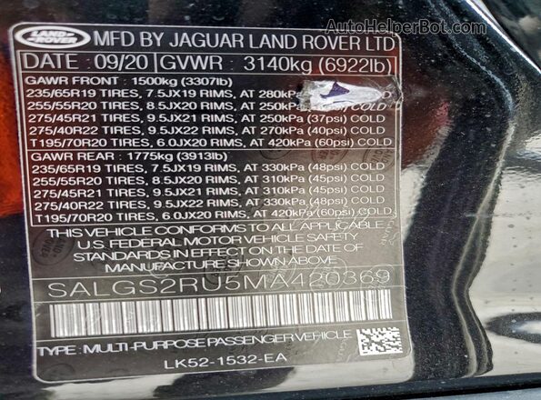 SALGS2RU5MA420369 2021 LAND ROVER RANGE Blue Vista de la etiqueta del VIN
