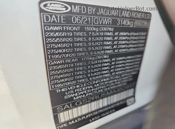 SALGS2RU5MA452917 2021 LAND ROVER RANGE White Вид підкапотного простору