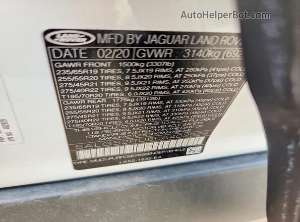 SALGS2RU6LA402929 2020 LAND ROVER RANGE White Вид наклейки з VIN-кодом