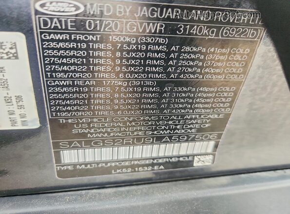 SALGS2RU9LA597506 2020 LAND ROVER RANGE Черный Вид наклейки с VIN-кодом